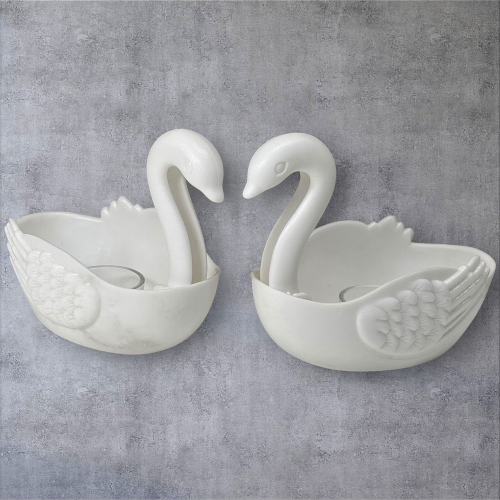 2 Vintage Coolmaster Swan Candle Holders White Plastic Hong Kong w/ Glass Cups